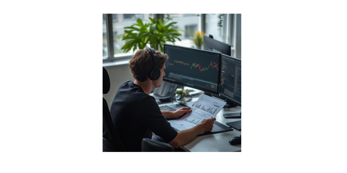 Person reviewing documents while wearing headphones